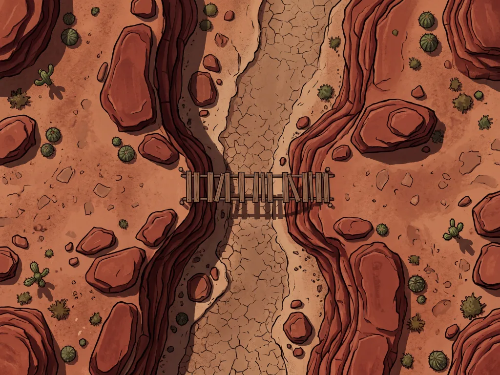 Sun-scorched desert canyon battle map with wooden bridge and red rock walls