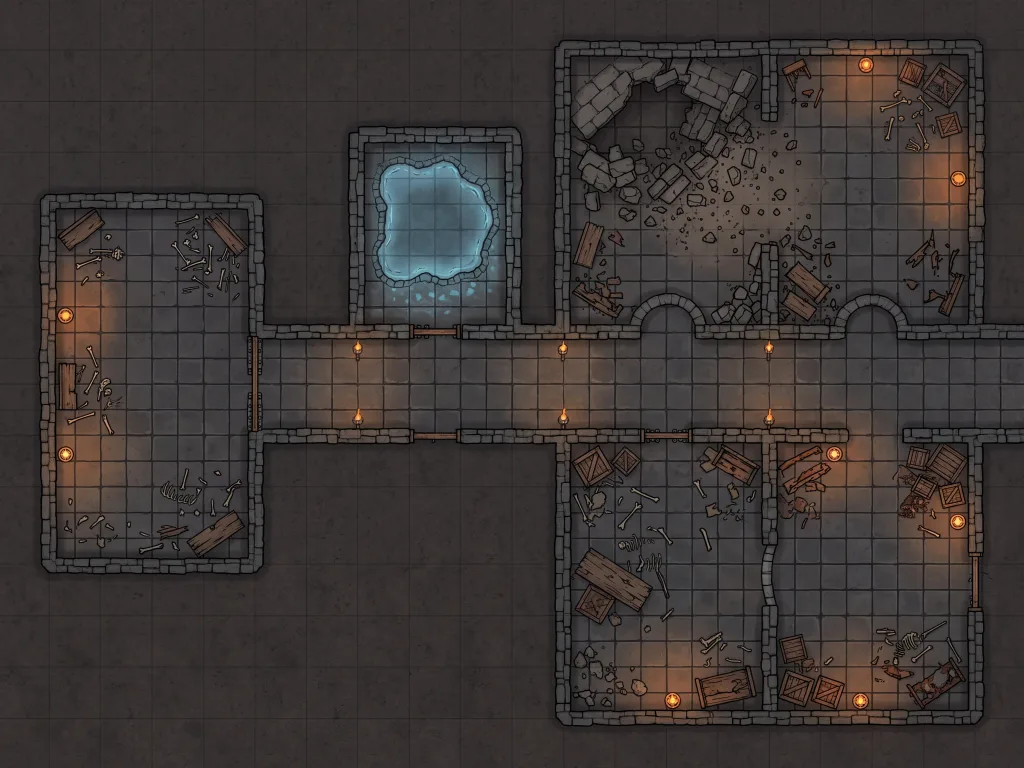 Multi-room underground dungeon map with stone corridors and glowing pool