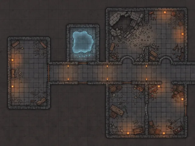 Multi-room underground dungeon map with stone corridors and glowing pool