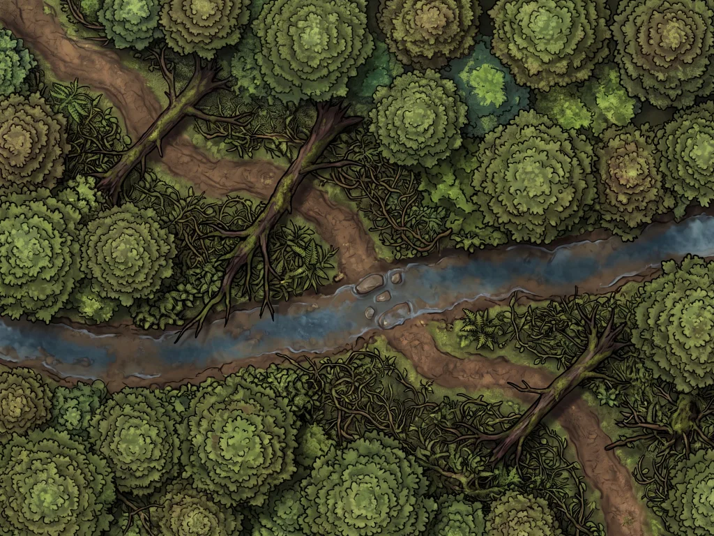 Top-down battle map of a forest trail with fallen logs and a creek crossing