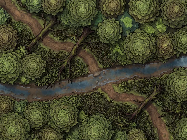 Top-down battle map of a forest trail with fallen logs and a creek crossing
