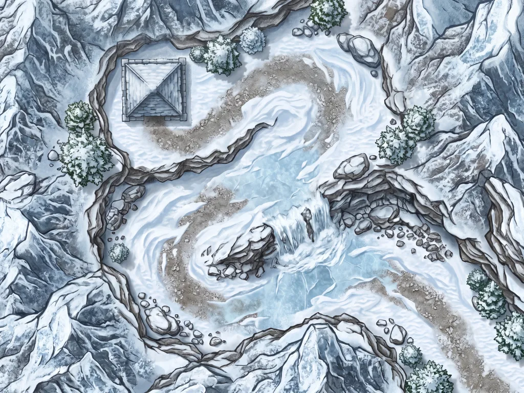 Snow-covered mountain pass map with frozen waterfall and stone shelter