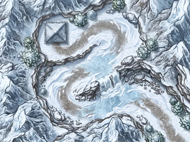 Snow-covered mountain pass map with frozen waterfall and stone shelter