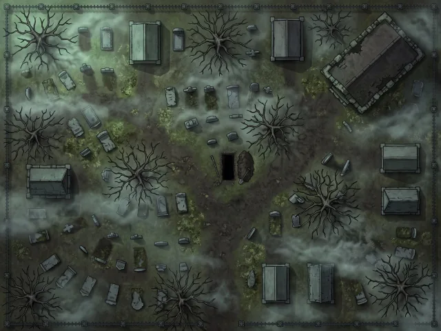 Misty graveyard battle map at night with tombstones, chapel, and open grave