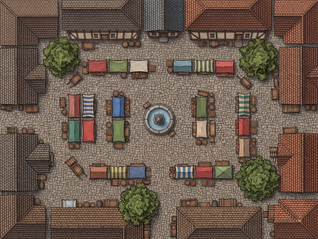 Medieval market square map with merchant stalls, fountain, and cobblestone streets