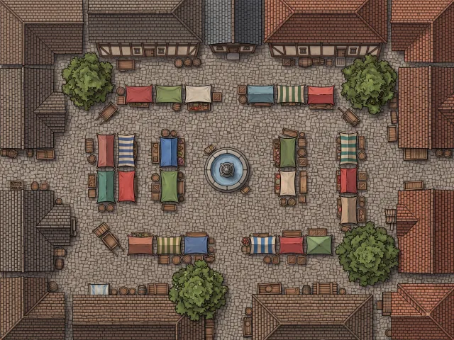 Medieval market square map with merchant stalls, fountain, and cobblestone streets