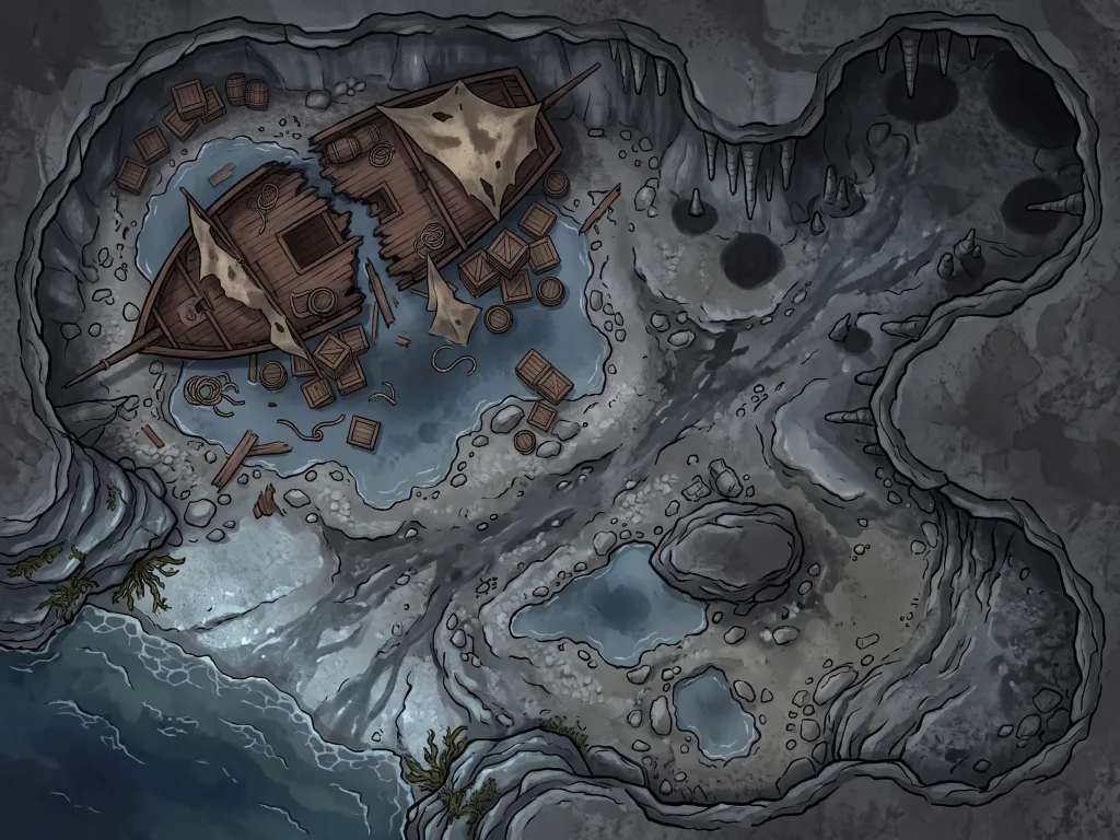 Coastal cave battle map with wrecked ship, tidal pools, and stalactites
