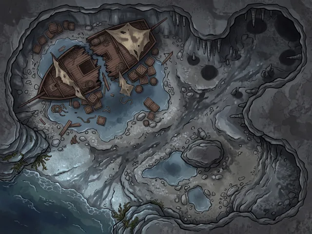 Coastal cave battle map with wrecked ship, tidal pools, and stalactites