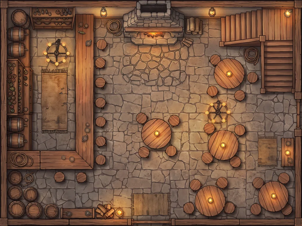 AI-generated tavern interior map with fireplace, bar counter, and candlelit tables