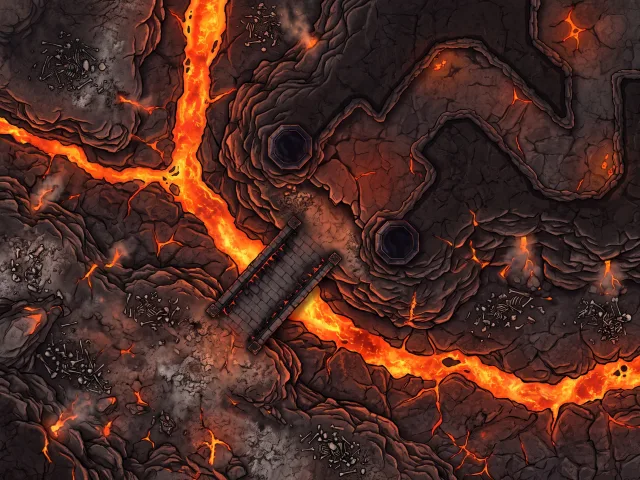 Volcanic lair entrance map with lava rivers, stone bridge, and obsidian pillars