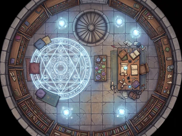 Circular wizard tower library map with spiral staircase and arcane ritual circle